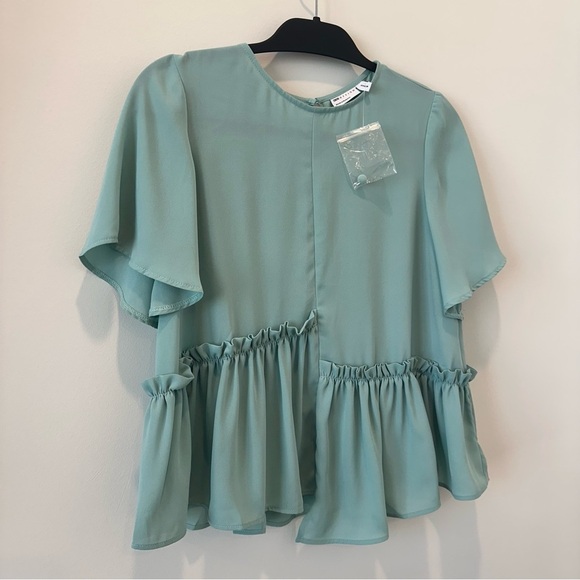 ASOS DESIGN smock top asymmetric ruffle hem sage green blue office career casual - Picture 6 of 12